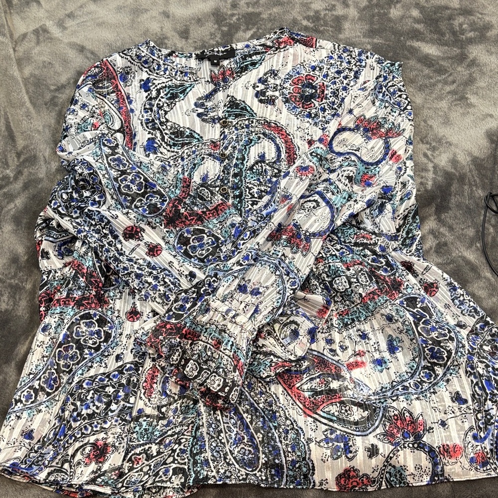 Paisley Print Long-Sleeve Peasant Button Down Top - White/Blue NWOT - Picture 2 of 9